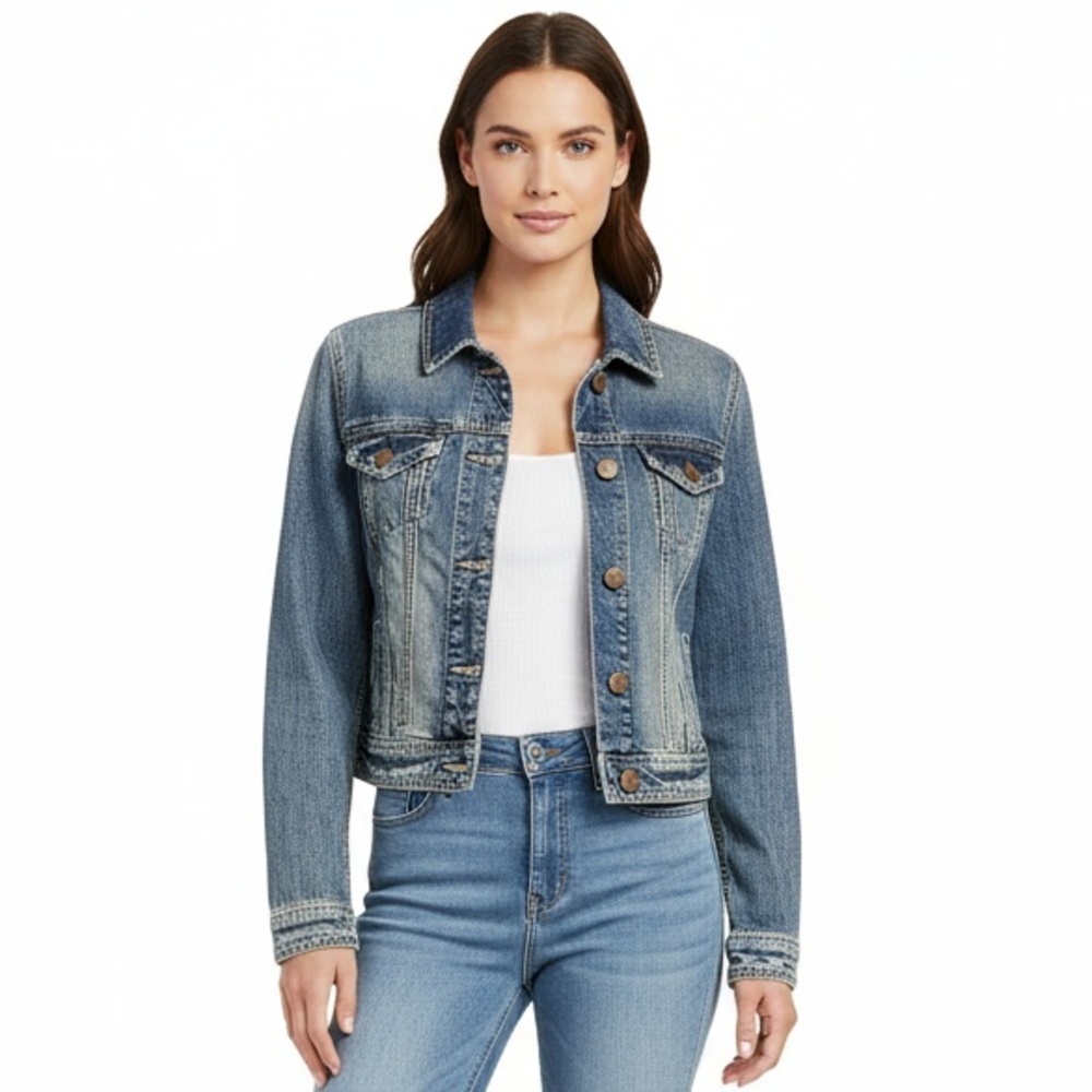 American Eagle Denim Jean Jacket XS Blue Cropped‎ Button-Front Distressed
